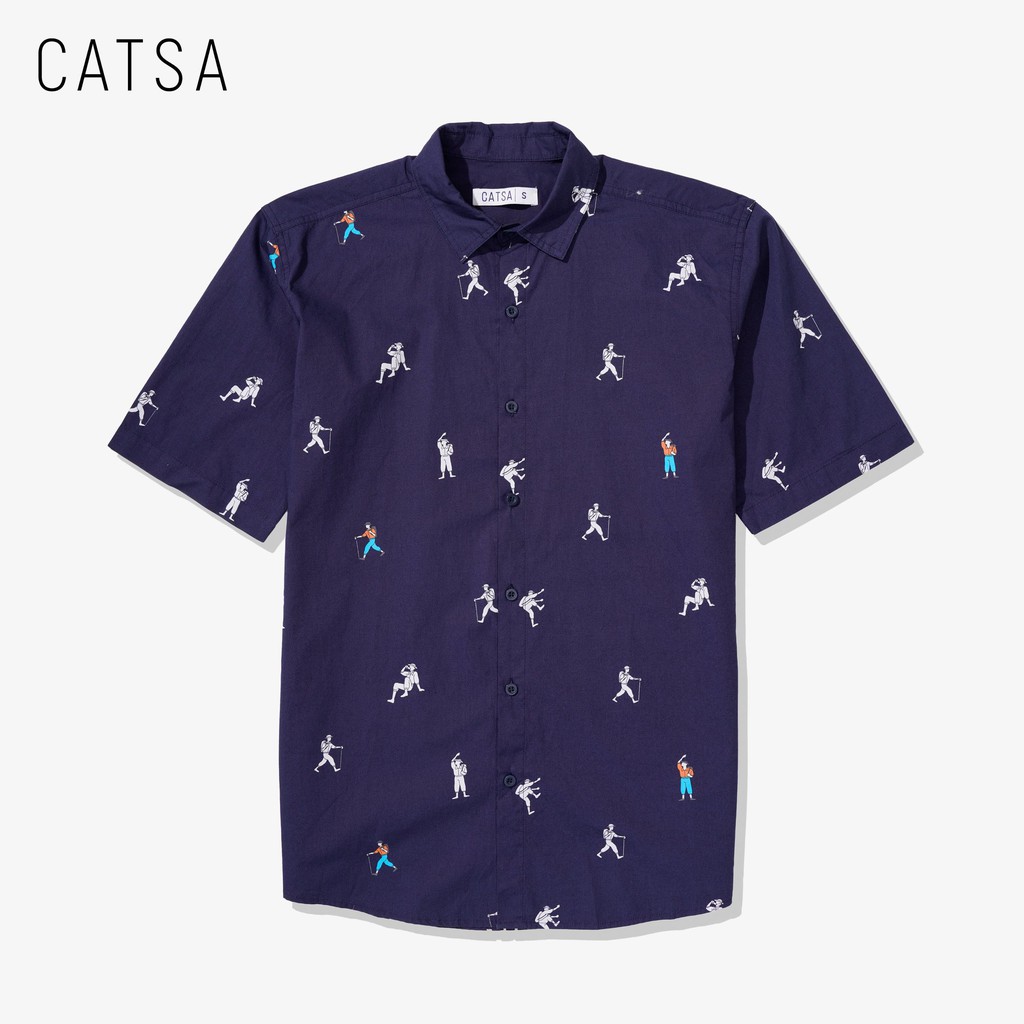 Áo sơ mi tay ngắn CATSA, shirt form rộng oversize xanh đen in họa tiết ASN146 - ASN147