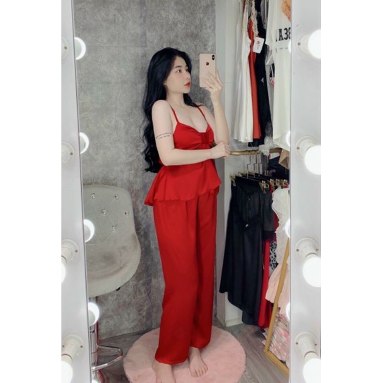 Siêu rẻ ☘️☘️Đồngủ lụa quần dài 2 dây phối nơ lụa satin dễ thương