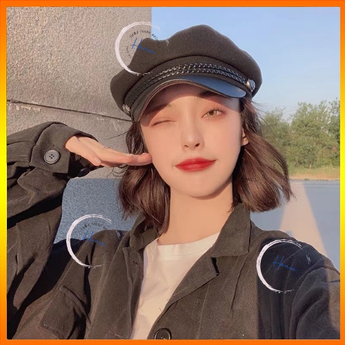 Mũ Beret Nữ Thủy Thủ Chất Dạ Vành Da Kèm Đai Vặn Thừng Đính Cúc Cá Tính Phong Cách Sang Chảnh Hanva