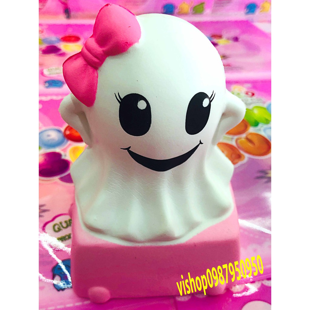 đồ chơi squishy búp bê đeo nơ hồng kèm bao bì chính hãng