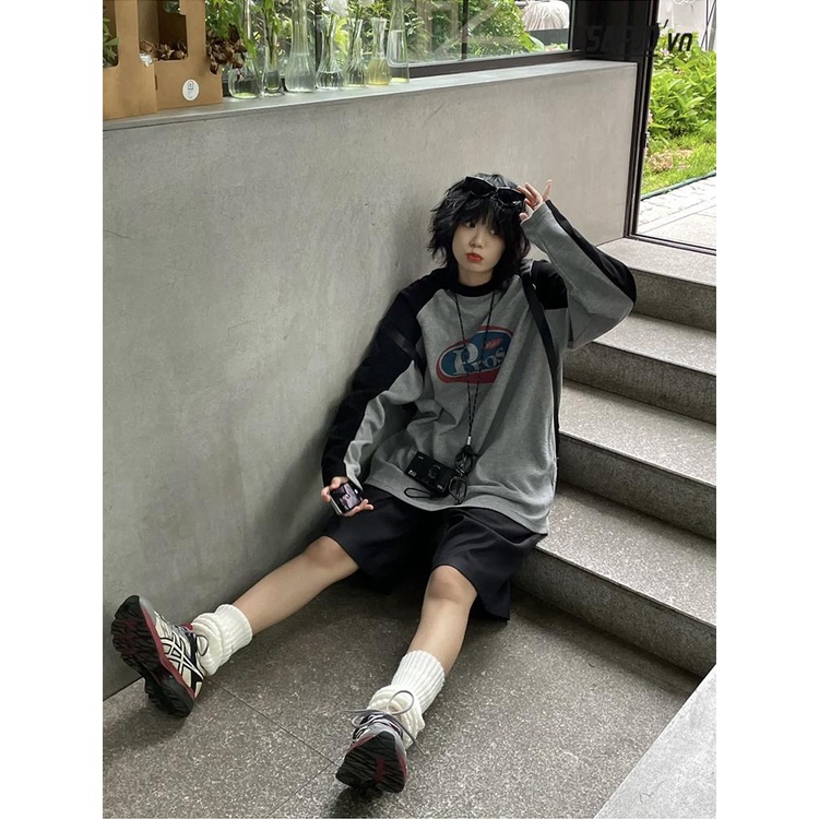 Áo Thun Tay Dài Cổ Tròn Dáng Rộng Màu Sắc Retro Dành Cho Nữ