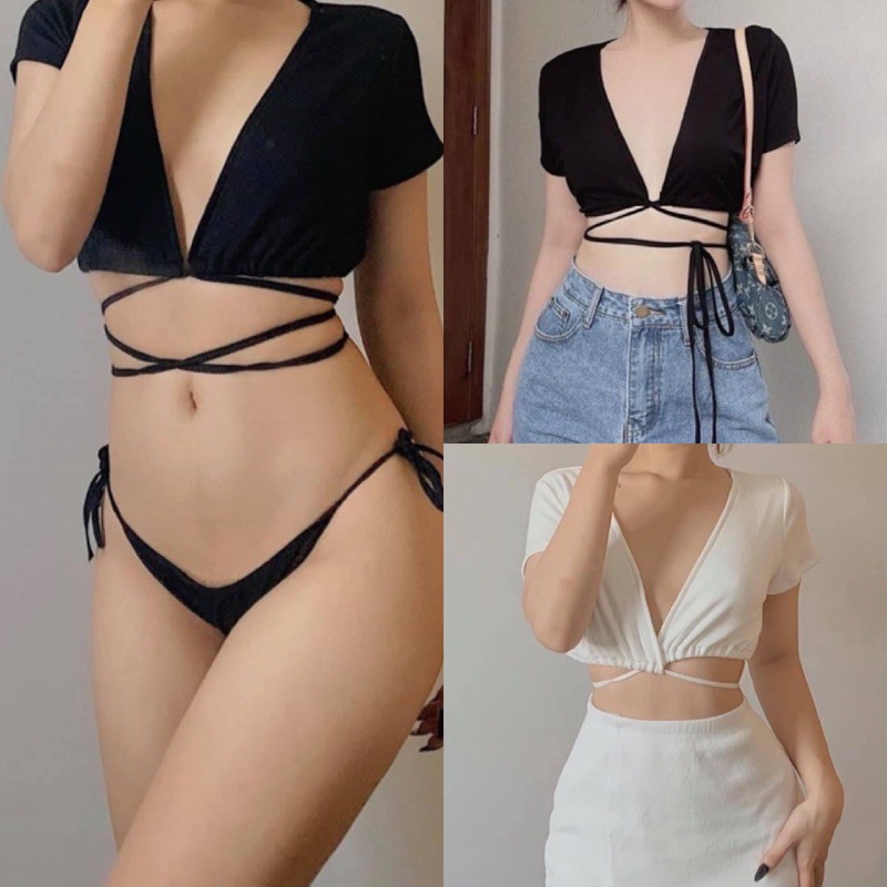 Áo Cột Eo Phối Bikini Đi Biển - Áo Đắp Chéo Cột Dây Cá Tính