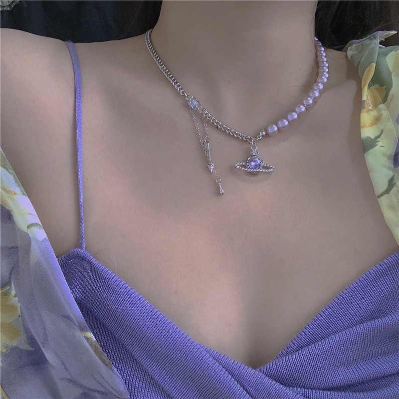 Dây Chuyền Chuỗi Hạt Ngọc Trai Phối Mặt Hình Hành Tinh Màu Tím Cao Cấp