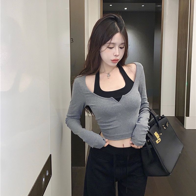 COZOK Áo Croptop Trễ Vai Tay Dài Màu Sắc Tương Phản Thiết Kế Ôm Sát Quyến Rũ