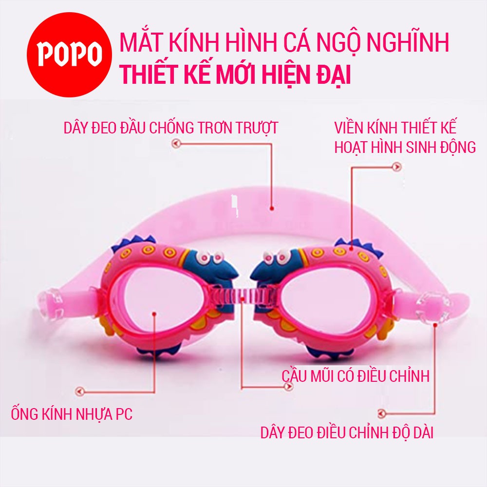 Kính bơi hình con cá ngộ nghĩnh 2600 cho bé từ 3 tuổi chính hãng POPO cao cấp chống sương mù có túi đựng nhỏ gọn