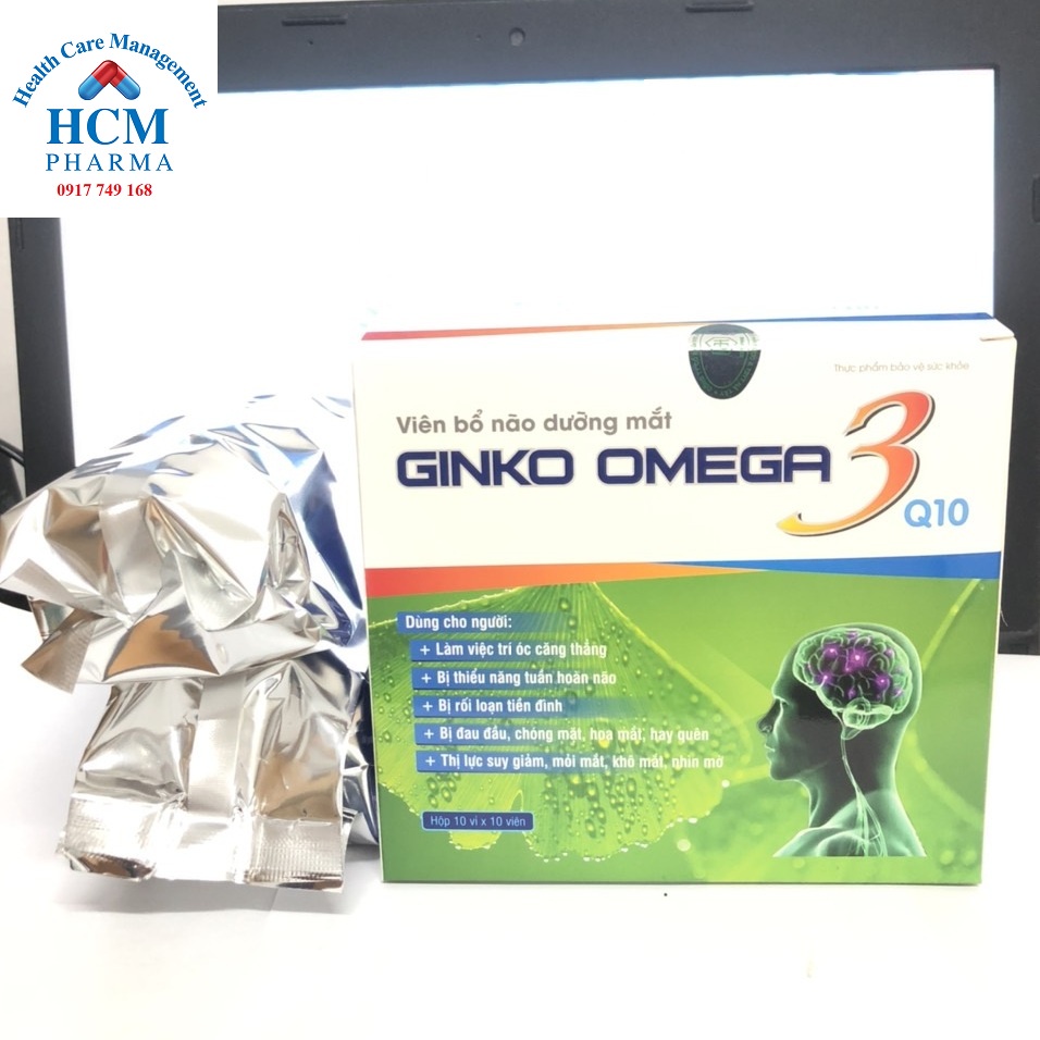 Bổ não ginkgo biloba chính hãng GINKO BILOBA OMEGA3 Q10 100 viên giúp sáng mắt tuần hoàn máu não tăng cường trí nhớ BPC3