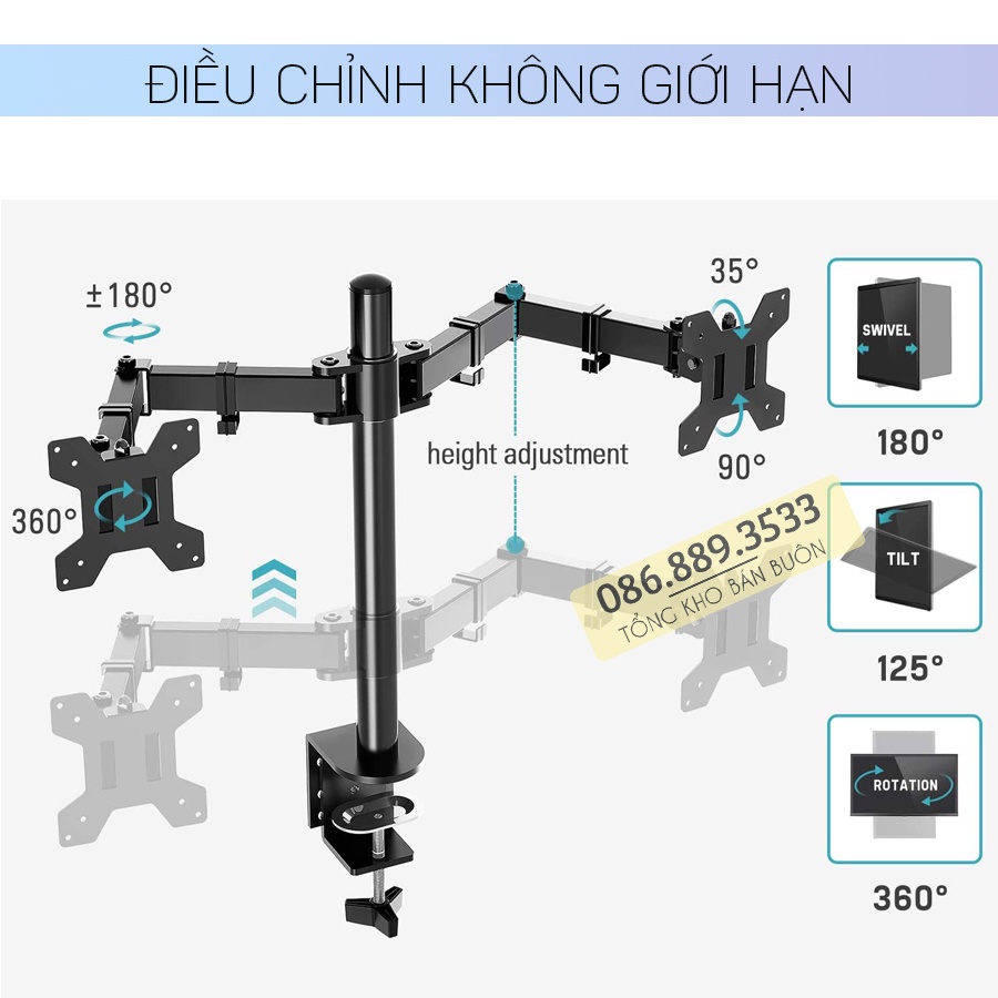 #M054 / Giá Treo Bốn Màn Hình Máy Tính ErgoTek E54 Kẹp Thành Bàn 17 - 27 Inch - Tay Đỡ 4 Màn Hình Xoay 360 Độ