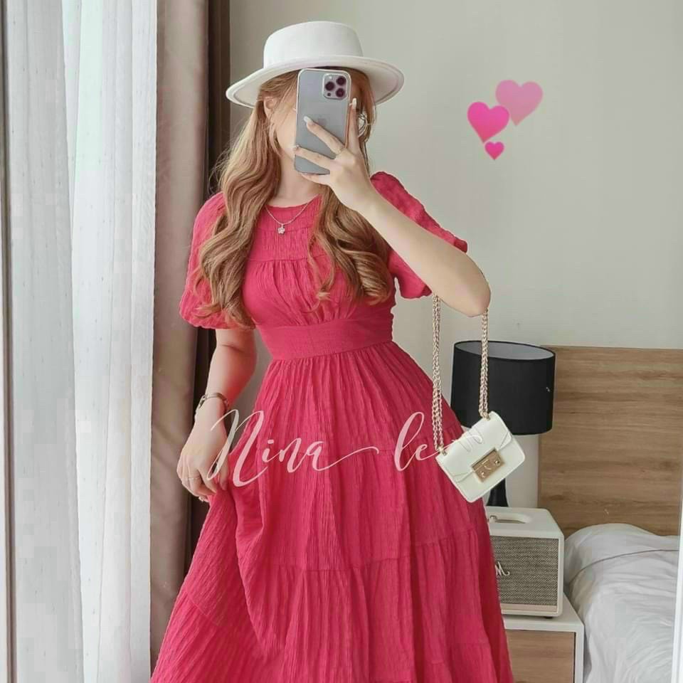 Váy đầm nữ xoè tay phồng cổ tròn  chất xốp chỉ xếp tầng xinh xắn