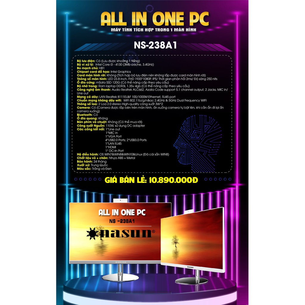 Máy tính All in One NASUN  model NS-238A1, chip i3, lưu điện, màn 23.8" IPS