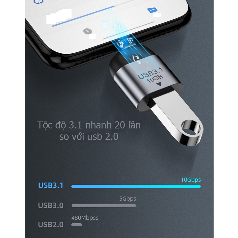 Đầu chuyển Usb 3.1 ra Type-c 10Gbps, 5v3a vỏ nhôm  - Hồ Phạm