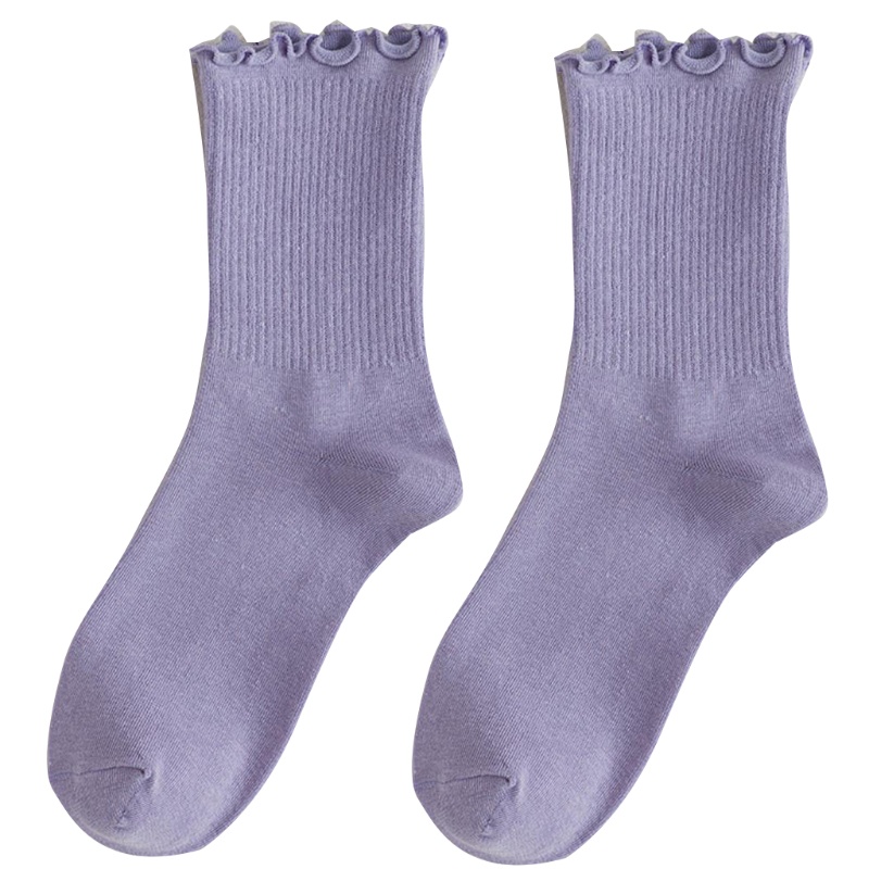 Vớ cotton dệt kim viền bèo nhún màu kẹo trơn phong cách mùa thu cho nữ