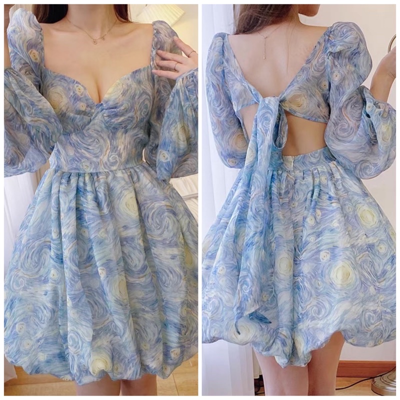 Đầm xòe voan nơ lưng tay dài 2 màu pastel