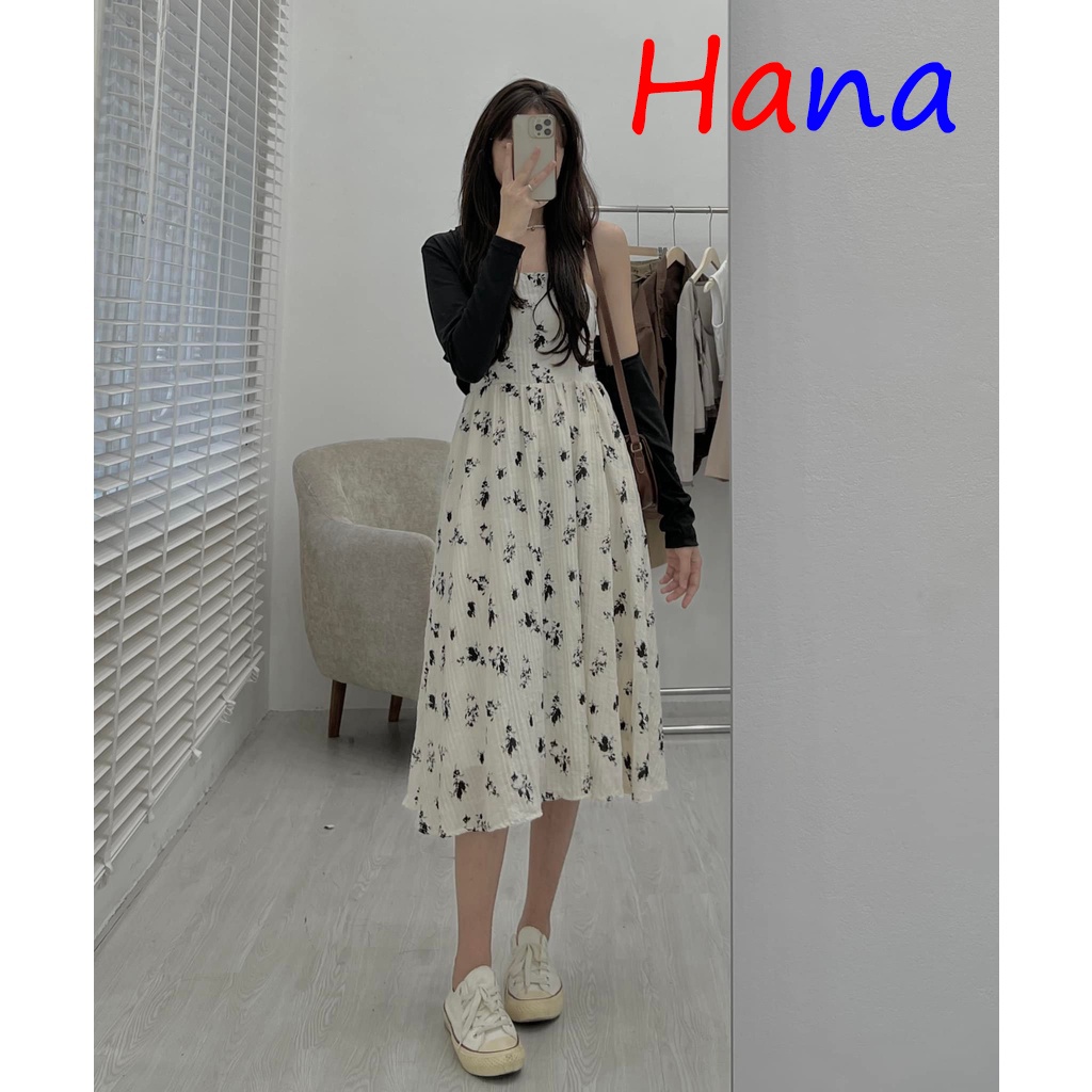 Váy hai dây hoa nhí lưng chun kèm áo cardigan croptop- Hana06