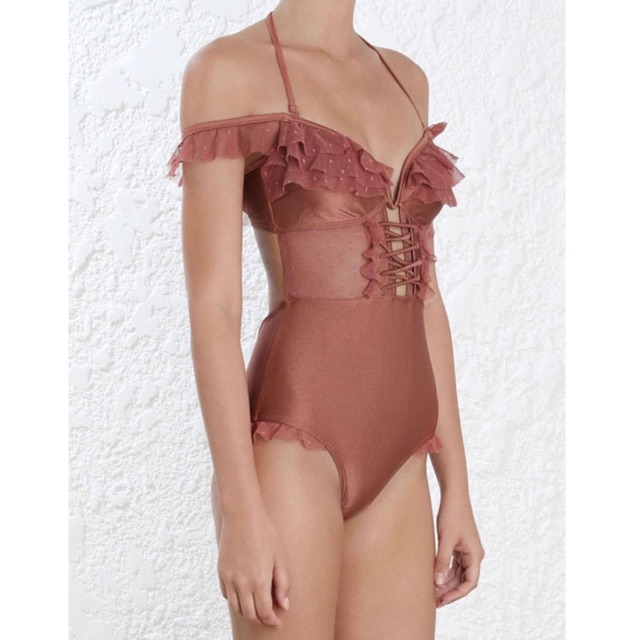 Bikini liền , đồ bơi nữ 1 mảnh hai dây bèo nhún đan dây trước ngực