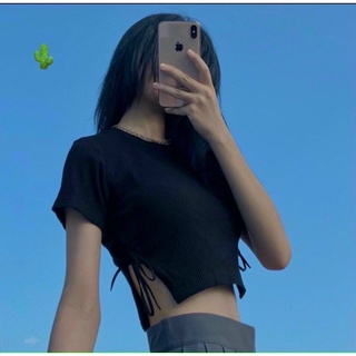 Áo croptop thắt dây eo 2 bên thun gân