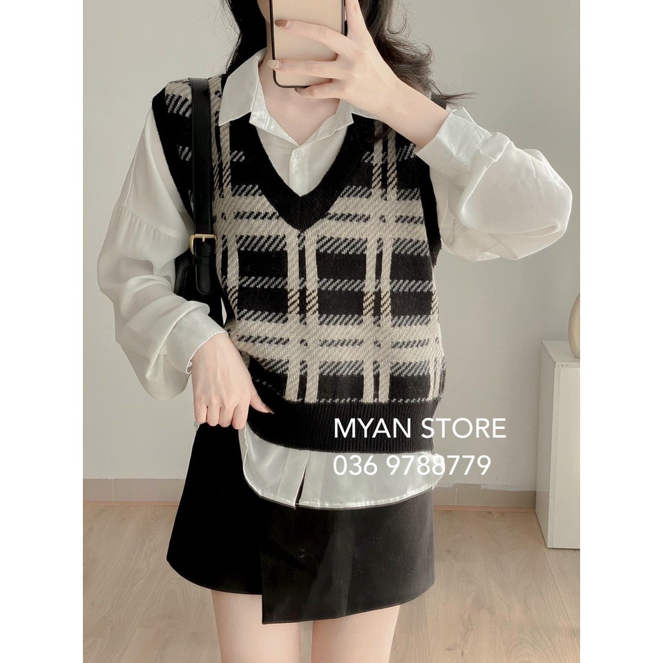 Áo khoác len gile nữ ulzzang hàn quốc dáng rộng len mỏng kẻ caro hàng quảng châu