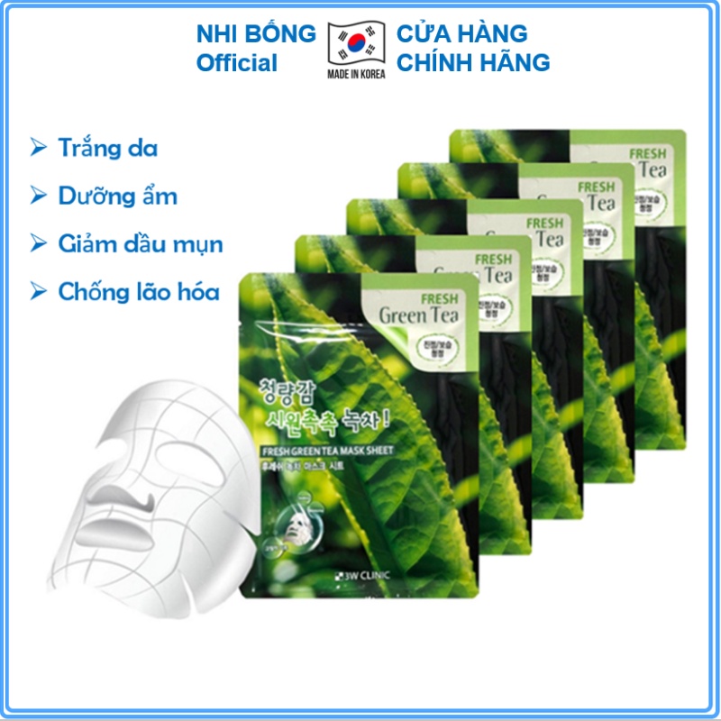 Combo 10 Túi Mặt nạ trà xanh - Mặt nạ giấy dưỡng da chiết xuất Trà Xanh 3W Clinic Hàn Quốc  [Hàng Nhập Khẩu]