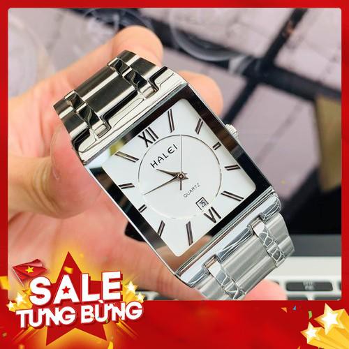 Đồng Hồ Nam HALEI 564M Cao Cấp Mặt Vuông Lịch Lãm + FREE Vòng Phong Thủy - Dây Bạc Mặt Trắng - Hàng nhập khẩu
