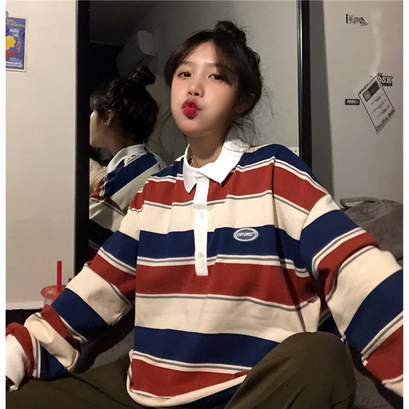 SUXI Áo thun cổ polo họa tiết kẻ sọc dáng rộng phong cách Hàn Quốc năng động cho nữ
