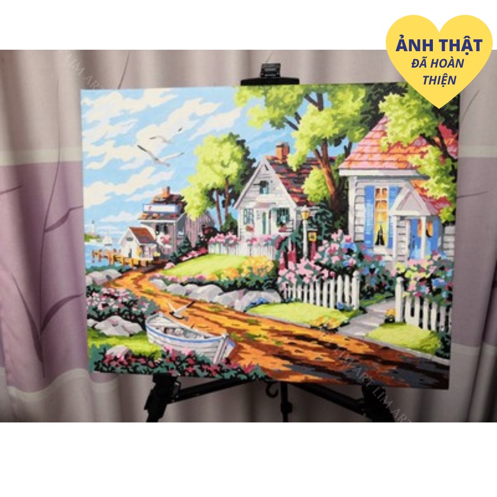 Tranh sơn dầu số hóa tự tô có khung chuẩn màu LIM Art - Tranh tô màu theo số hóa phong cảnh biển- Biệt thự ven biển