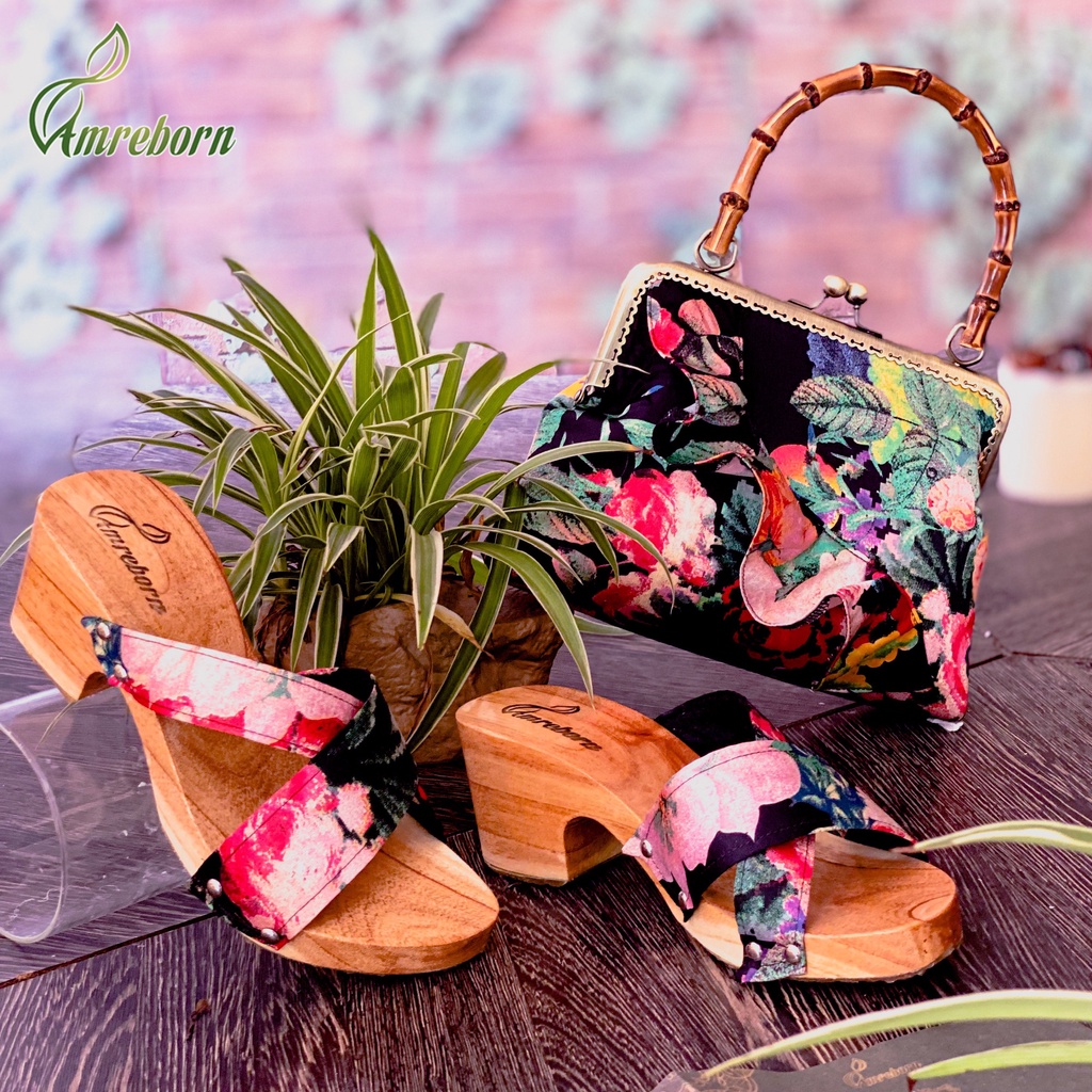 Combo túi xách guốc mộc phong cách vintage, handmade, họa tiết hoa hồng, guốc mộc gót vuông 7cm