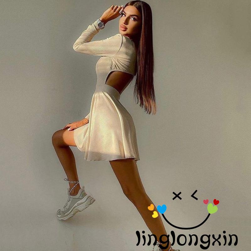 Đầm Ngắn Chữ A Tay Dài Cổ Thuyền Hở Lưng Màu Trơn Cho Nữ Linglongxi2-s