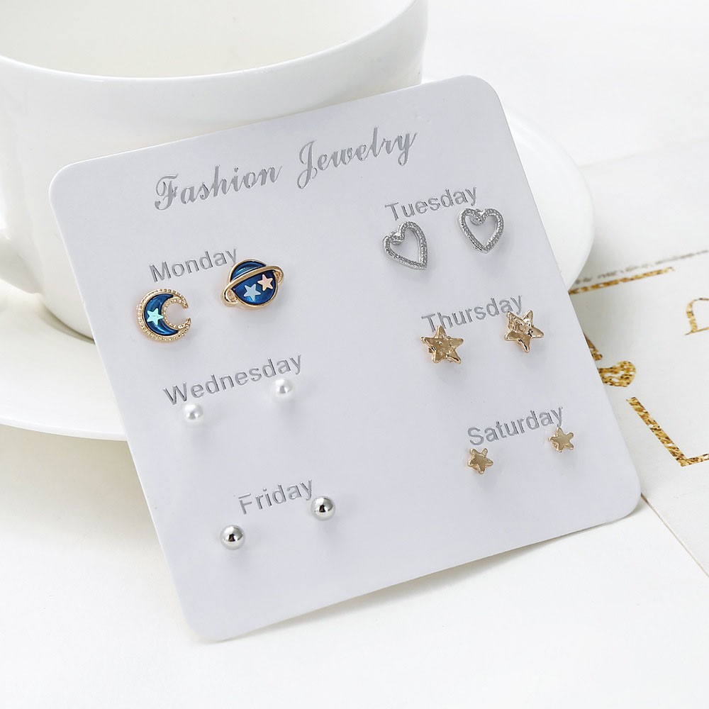 Bộ 6 Đôi Khuyên Tai Hình Trăng Sao / Trái Tim Xinh Xắn Dễ Thương Dành Cho Nữ