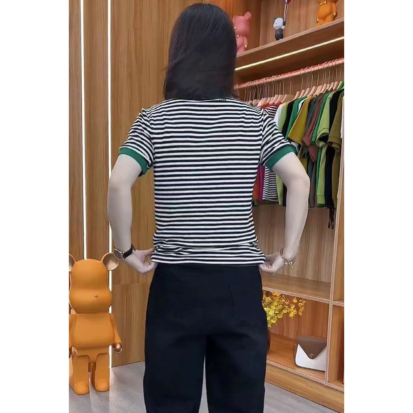Áo Thun polo Dáng Rộng Họa Tiết Kẻ Sọc Phong Cách Phương Tây Thời Trang Mùa Hè Cho Phụ Nữ Trung Niên