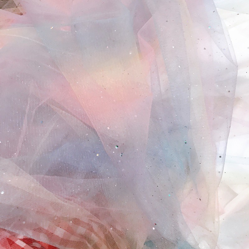 Vải lưới cầu vồng ombre 7 màu có gắn kim tuyến lấp lánh khổ 1m5