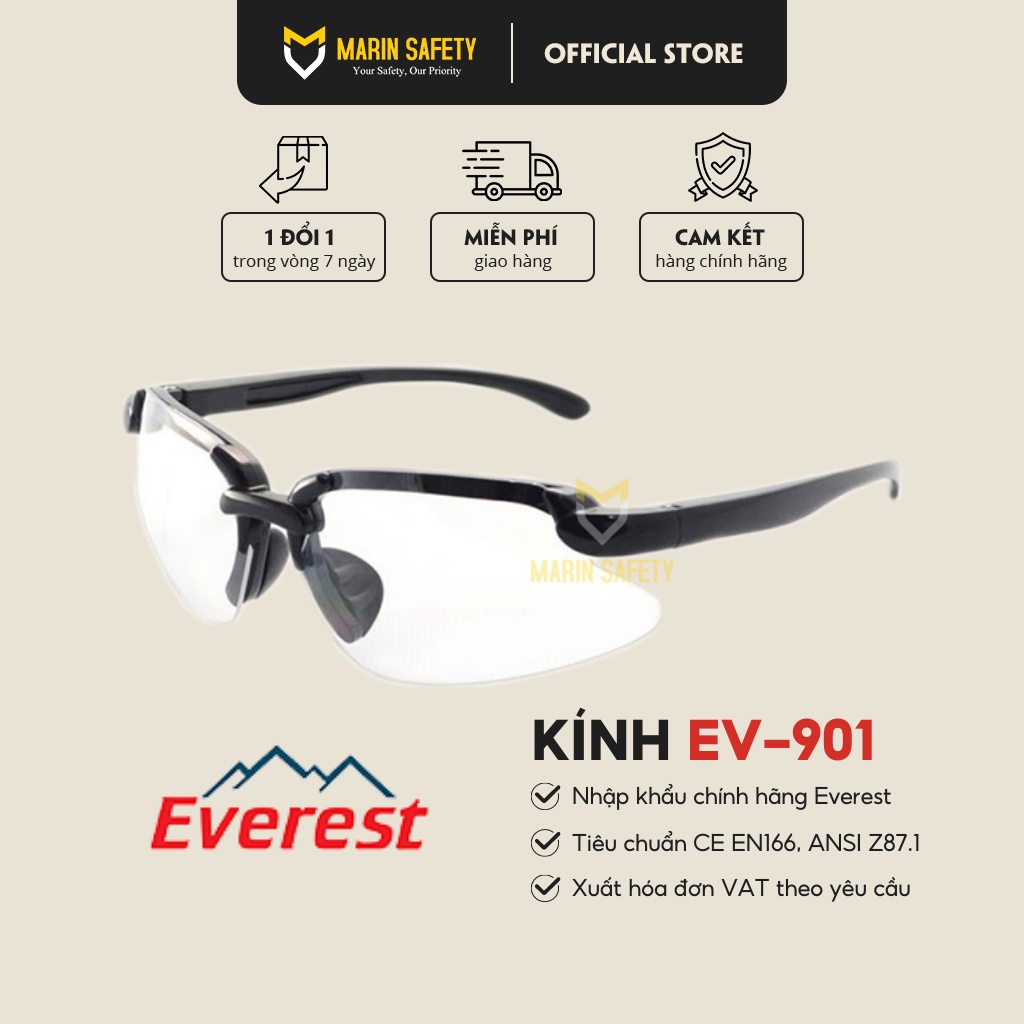 Kính bảo hộ Everest EV901 có đệm mũi Silicone, chống tia UV, UB, chống đọng sương, chống bụi, chống trầy xước