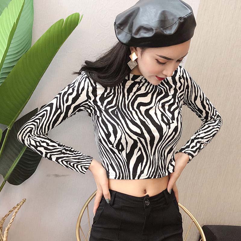 Áo croptop cổ lọ tay dài họa tiết da báo/ngựa vằn thời trang