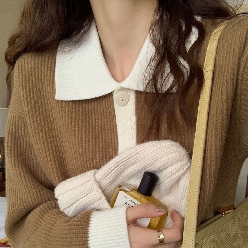 Áo Khoác Cardigan Dệt Kim Dáng Rộng Màu Sắc Tương Phản Phong Cách Retro Dành Cho Nữ