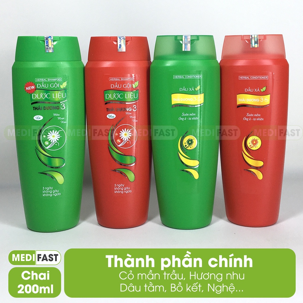 Bộ gội xả dược liệu Thái Dương 3 chai 200ml giúp mượt tóc, hết gàu, bổ sung dưỡng chất thành phần từ bồ kết thảo dược