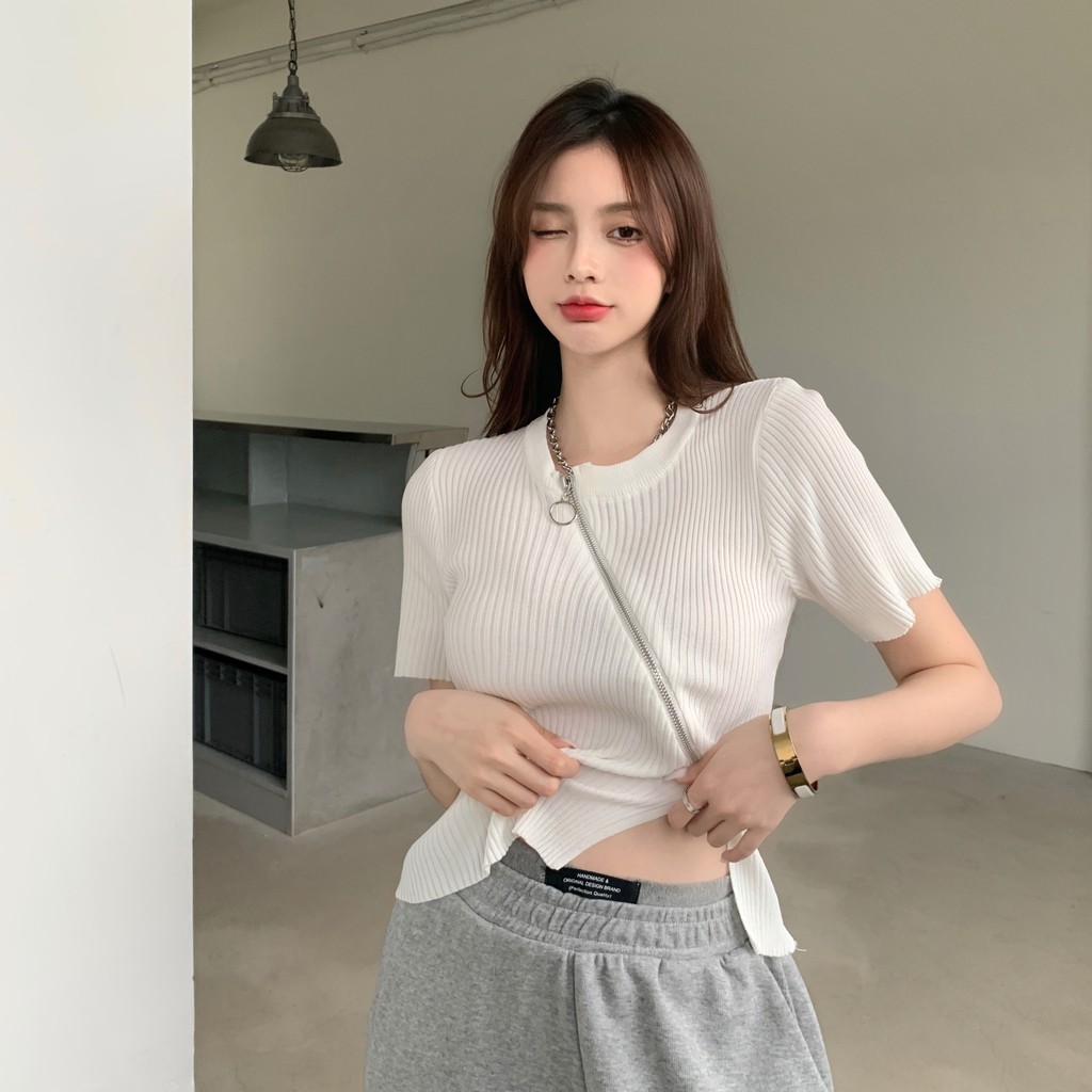 Áo dệt kim ngắn dáng ôm phối khóa kéo cá tính dễ phối đồ