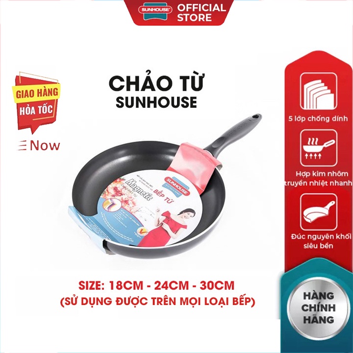 Chảo chống dính bếp từ SUNHOUSE 18 26 30 CM  5 Lớp siêu bền cao cấp hợp kim nhôm tay cầm chịu nhiệt