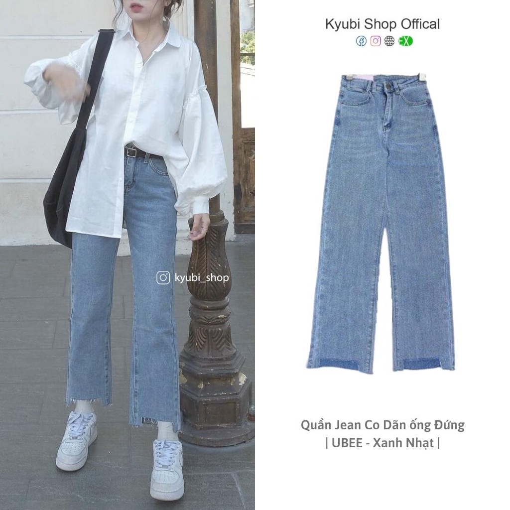 Quần Jean Nữ Ống Suông Đứng Cắt Gấu KYUBI Chất Bò Jeans Co Dãn Cao Cấp Dày Dặn  - UBEE
