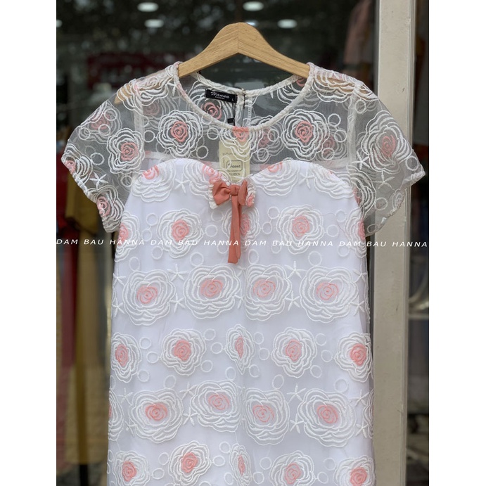 [HANNA] Đầm bầu ren đi tiệc giá rẻ có size 80kg dài qua gối sang lịch sự vải mát 2 lớp có túi bên sườn có dây nơ cột sau