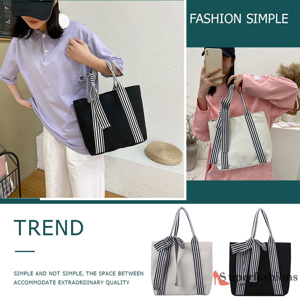 【Hot Sale】Women Bow Shoulder Underarm Bag Ladies Preppy Style Canvas Handbag Tote