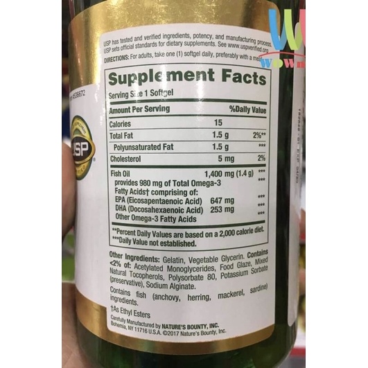 (Bill Costco) hàng nội địa Mỹ Dầu cá Nature's Bounty Fish Oil 1400mg 130 viên