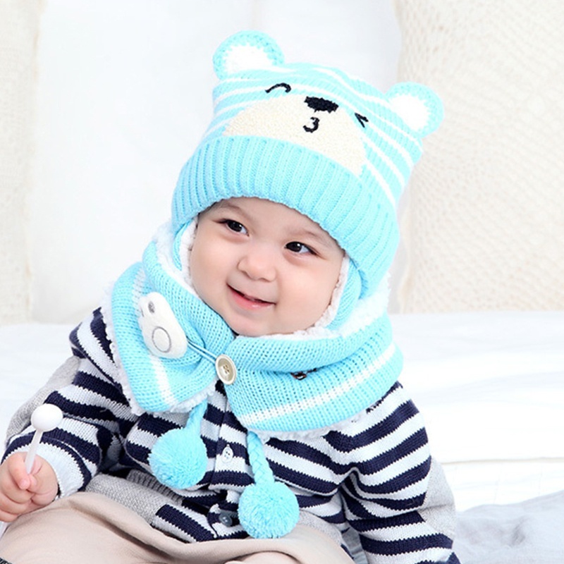 Set 2 Mũ Dệt Kim Mềm Giữ Ấm Mùa Thu Đông In Họa Tiết Gấu Dễ Thương Cho Bé Trai + Gái