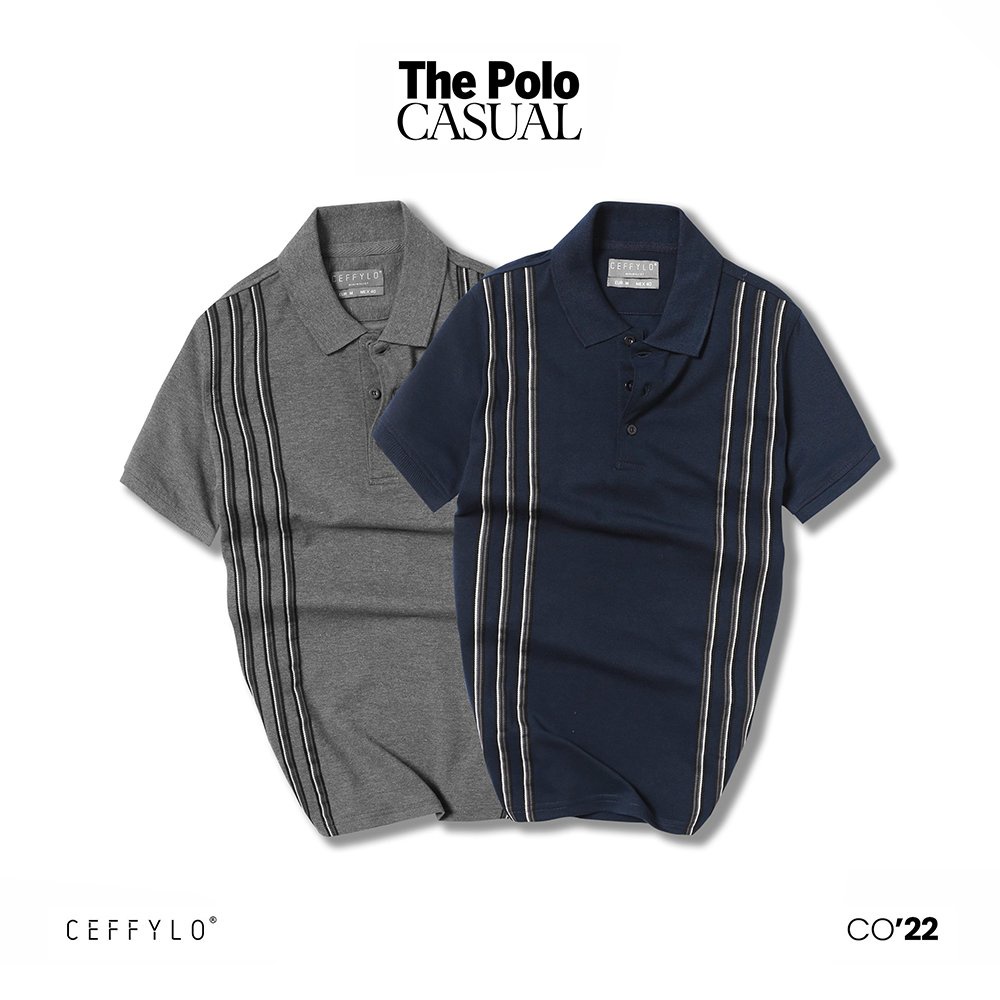Áo Polo Ngực Phối Sọc, Màu Xanh Navy, Chất Liệu Cotton Thoáng Khí, Form Slimfit - CEFFYLO