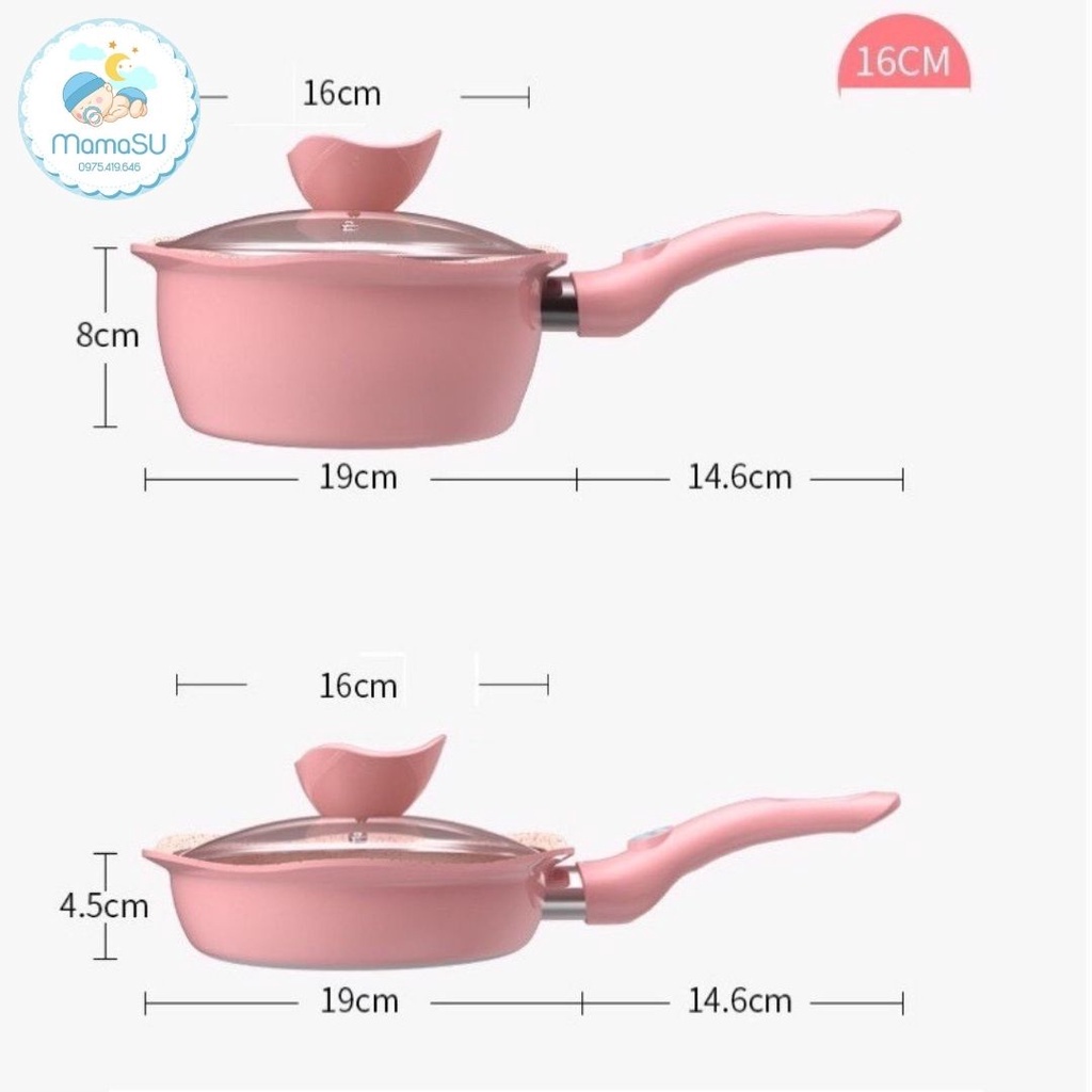 Bộ nồi chảo đá hình hoa cho bé ăn dặm cao cấp chống dính kèm lồng hấp nấu chế biến đồ gia đình dùng được bếp từ