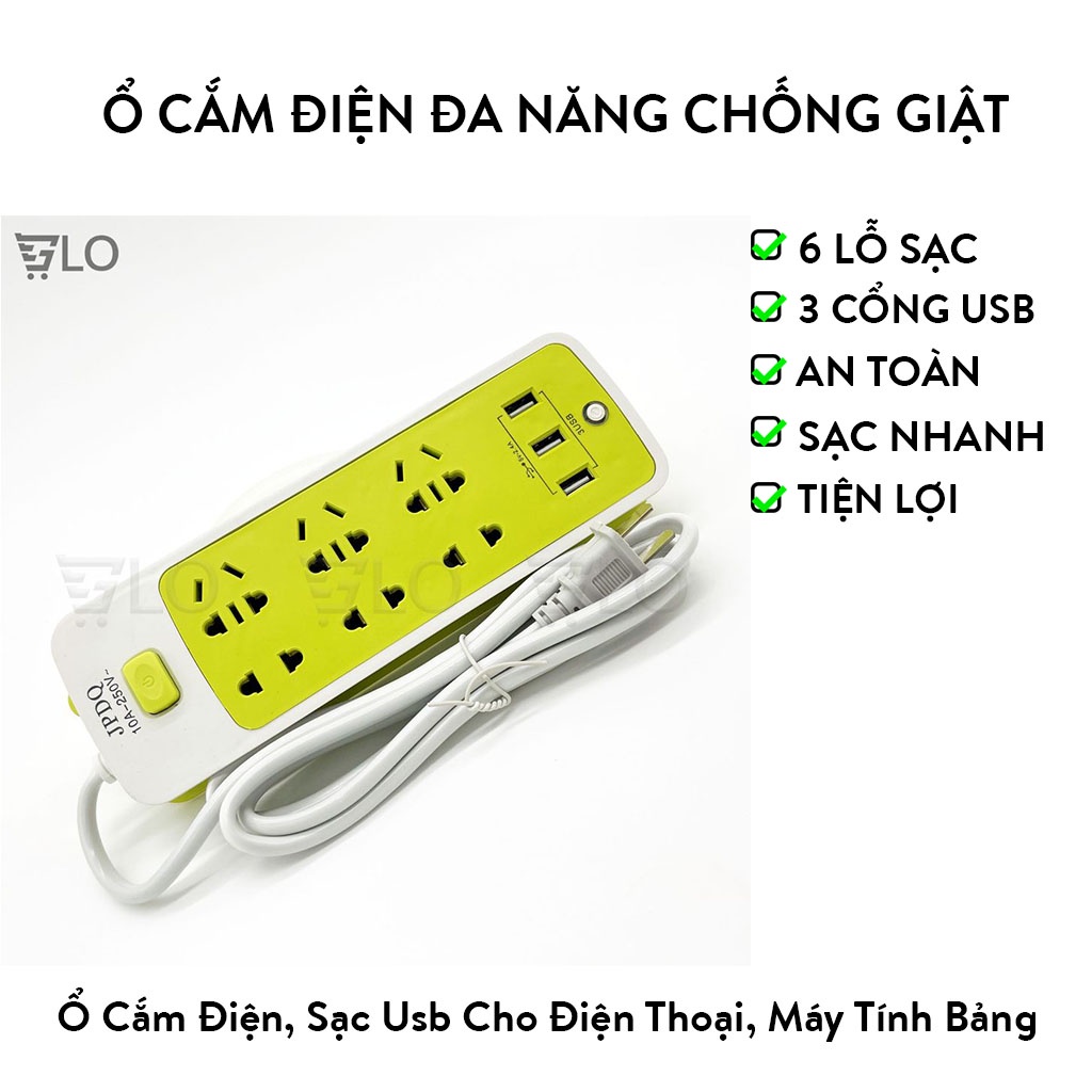 Ổ Cắm Điện Đa Năng Chống Giật 6 Lỗ Và Có 3 Cổng Sạc USB Màu Xanh Lá Cho Điện Thoại, Máy Tính Bảng