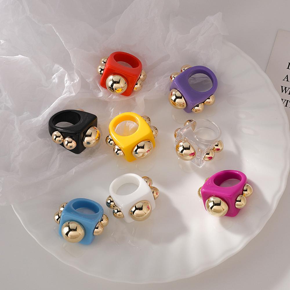 FORBETTER Nhẫn Đính Hạt Nhựa Resin Màu Kẹo Ngọt Thời Trang Punk