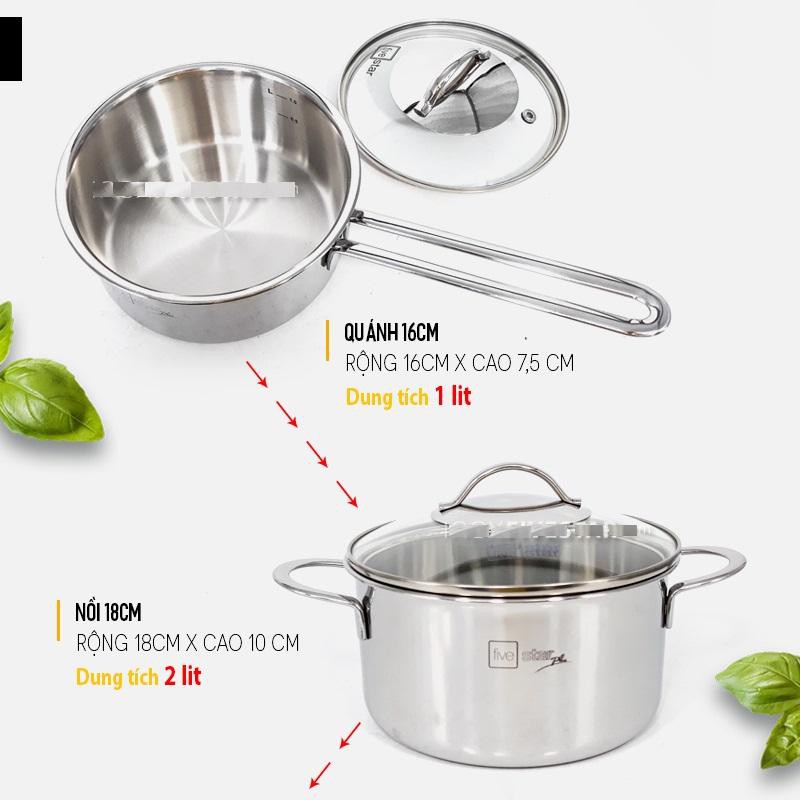 BỘ NỒI QUÁNH CAO CẤP INOX 304 FIVESTAR STANDARD 4 CHIẾC 3 LỚP ĐÁY LIỀN NẮP KÍNH,tặng 2 vá canh inox.hàng xuất khẩu