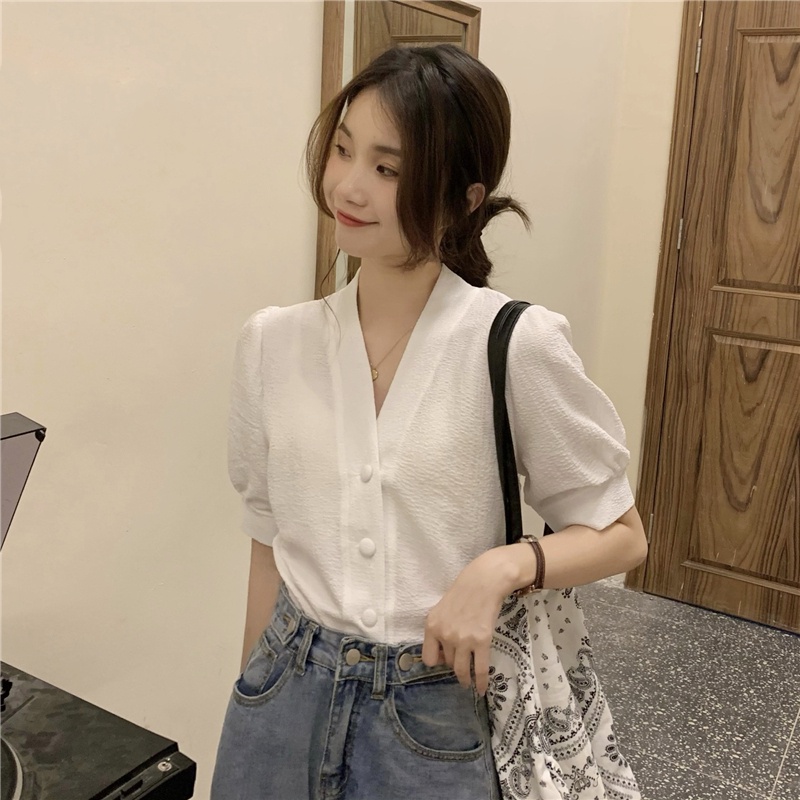 Porozi  Áo Sơ Mi Tay Ngắn Phồng Cổ Chữ V Phong Cách Retro Thời Trang Hàn Quốc Cho Nữ