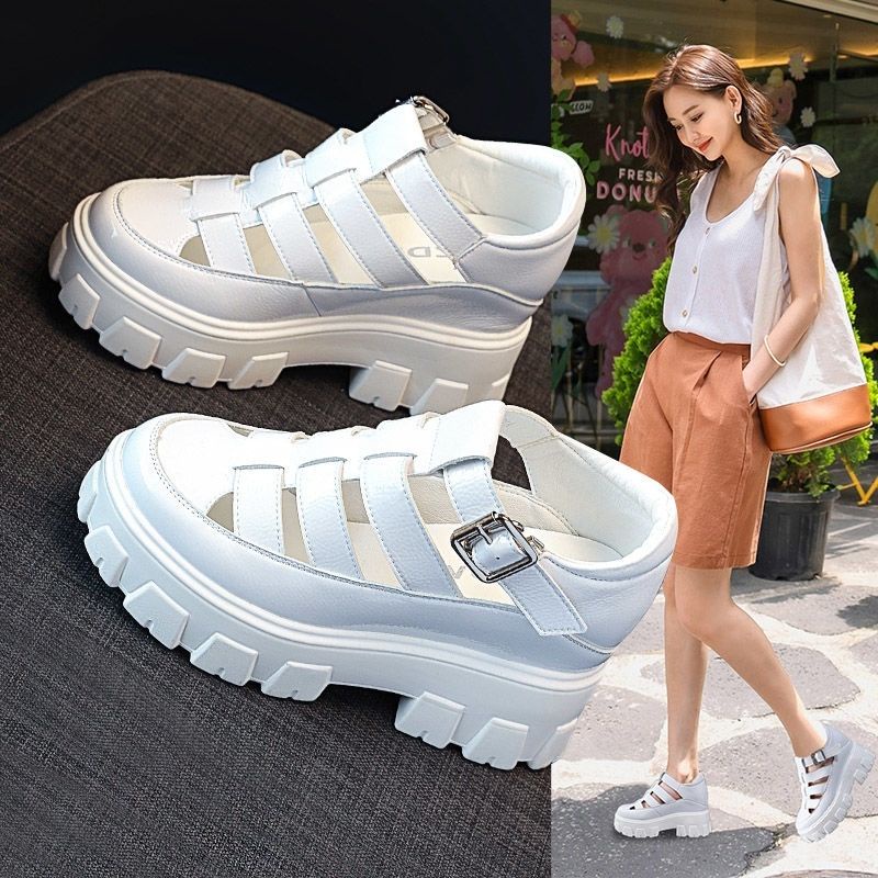 Giày Sandal Da Đế Dày 5cm Thoáng Khí Phong Cách La Mã Thời Trang Mùa Hè Cho Nữ