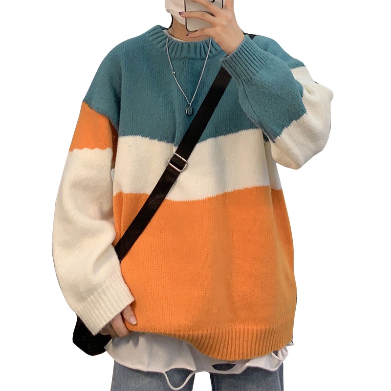 Áo Sweater Tay Dài Cổ Tròn Kẻ Sọc Ngang Trẻ Trung Phong Cách Harajuku Cho Nam Và Nữ