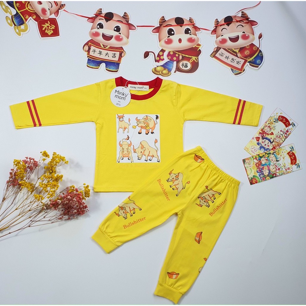 Bộ dài tay cotton cao cấp 100% Minky mom họa tiết trâu cho bé trai bé gái