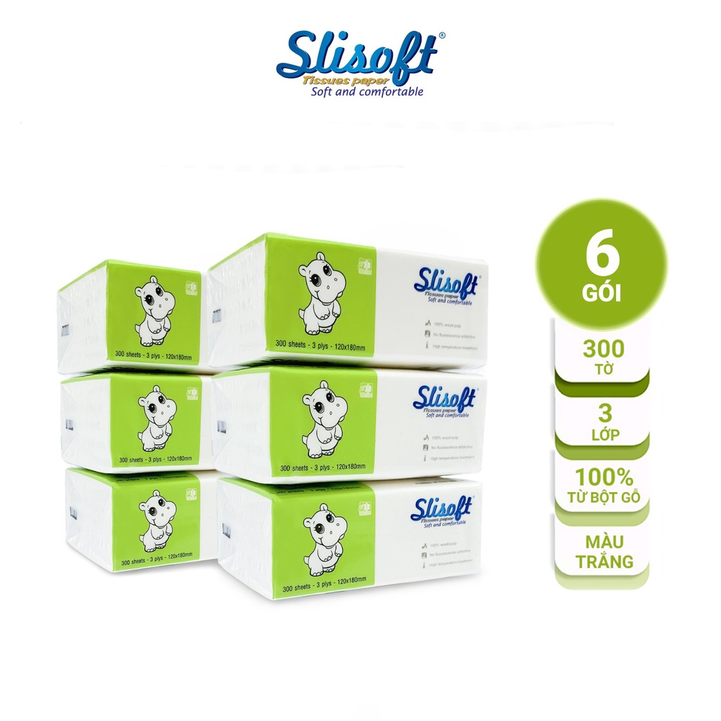 6 Bịch Giấy ăn Slisoft Doctor Care gói 300 tờ, khăn giấy khô Trắng tự nhiên từ bột Tre an toàn